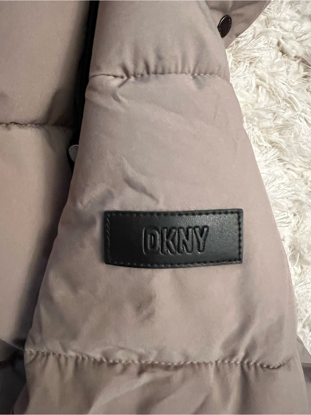 DKNY Women’s Long Puffer Coat with Hood in Taupe - Picture 5 of 5